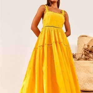 FARM RIO Yellow 3D Flowers Midi Dress Size L NWOT Anthropologie Tiered Boho